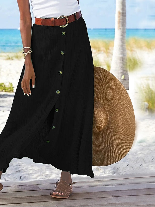 Women's Fashion coastal grandma style Summer Maxi Skirts Solid Colored Split Daily Vacation Black White Navy Blue Orange Autumn / Fall Polyester