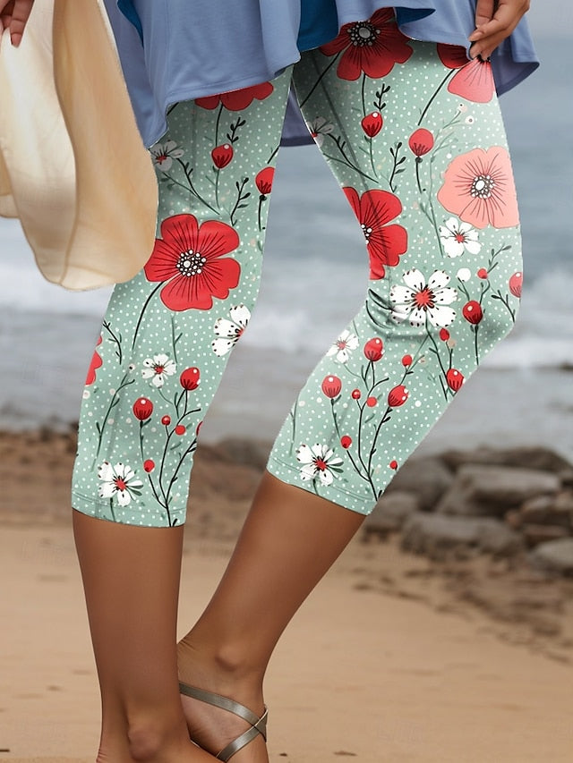 Women's Leggings Capri Pants High Elasticity Vacation Fashion Hawaiian Calf-Length Mid Waist Floral Graphic Printing Breathable Soft Vacation Casual Daily Light Blue Summer Spring Regular Fit