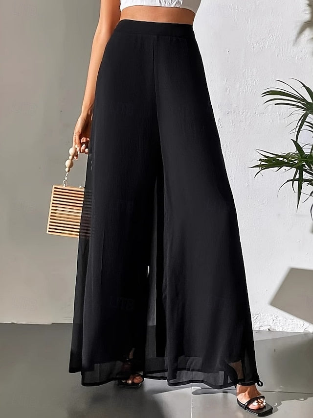 Women's Wide Leg Pants Trousers Vacation Streetwear Lightweight Full Length High Waist Plain Elastic Waist High Cut Breathability Comfortable Micro-elastic Outdoor Holiday Daily Wear Black White Pink