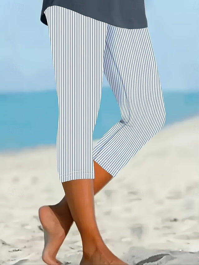 Women's Chinos Leggings Loungewear Vacation Vintage Streetwear Capris High Waist Graphic Striped Printing Comfort Soft Comfortable Stretchy Daily Outdoor Vacation Blue Summer Spring Fall Regular Fit