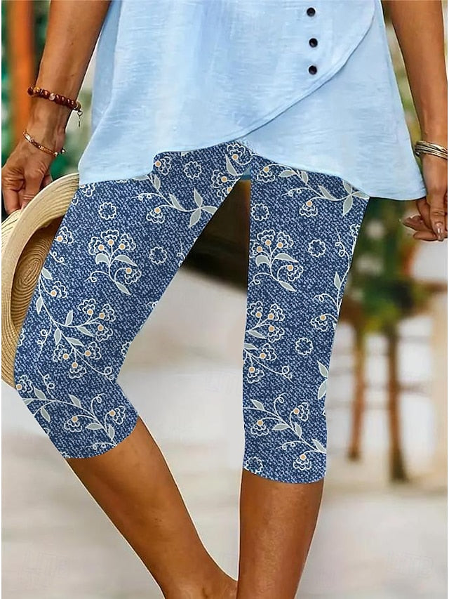 Women's Leggings Capri Pants High Elasticity Vacation Vintage Fashion Calf-Length Mid Waist Floral Graphic Printing Breathable Soft Vacation Casual Daily Robin's Egg Blue Black Deep Blue Light Blue