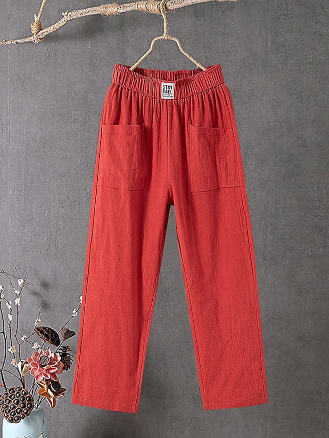 Women's Cotton Linen Pants Slacks Baggy Pants Cropped Pants Solid Classic Ankle-Length Mid Waist Pocket Baggy Elastic Drawstring Design Comfort Breathability Soft Micro-elastic Casual Dailywear Black
