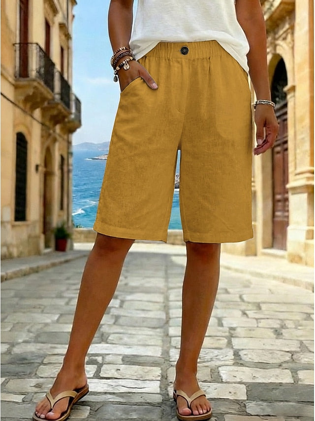 Women's Faux Cotton Linen Shorts Summer Shorts Bermuda shorts Casual Daily Short Mid Waist Plain Side Pockets Breathability Comfortable Inelastic Going out Weekend Black White Yellow Green Summer
