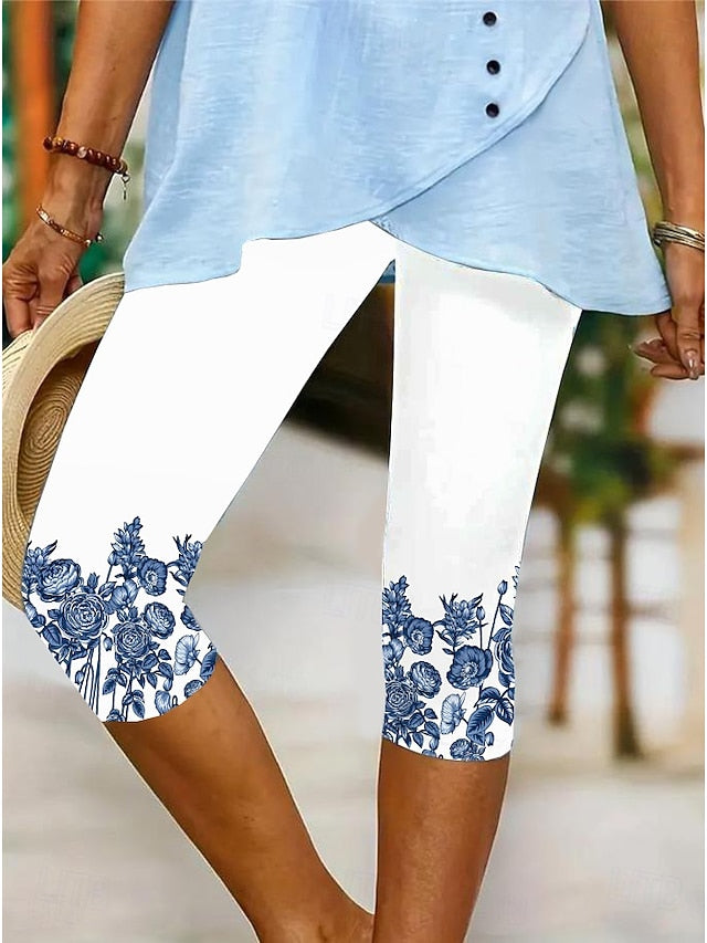 Women's Leggings Capri Pants High Elasticity Vacation Vintage Fashion Calf-Length Mid Waist Floral Graphic Printing Breathable Soft Vacation Casual Daily Robin's Egg Blue Black Deep Blue Light Blue