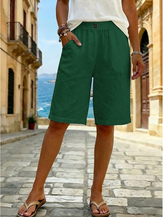 Women's Faux Cotton Linen Shorts Summer Shorts Bermuda shorts Casual Daily Short Mid Waist Plain Side Pockets Breathability Comfortable Inelastic Going out Weekend Black White Yellow Green Summer