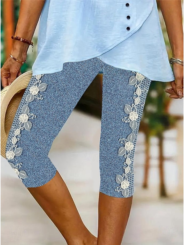 Women's Leggings Capri Pants High Elasticity Vacation Fashion Hawaiian Calf-Length Mid Waist Floral Graphic Printing Breathable Soft Vacation Casual Daily Light Blue Summer Spring Regular Fit