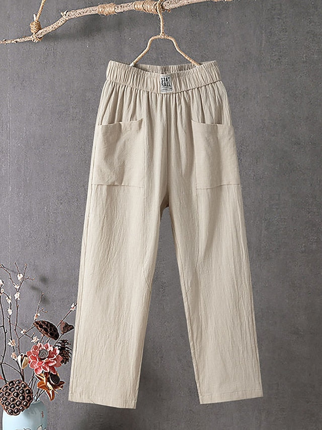 Women's Cotton Linen Pants Slacks Baggy Pants Cropped Pants Solid Classic Ankle-Length Mid Waist Pocket Baggy Elastic Drawstring Design Comfort Breathability Soft Micro-elastic Casual Dailywear Black