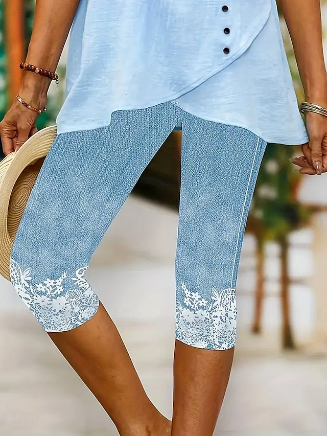 Women's Leggings Capri Pants High Elasticity Vacation Fashion Hawaiian Calf-Length Mid Waist Floral Graphic Printing Breathable Soft Vacation Casual Daily Light Blue Summer Spring Regular Fit
