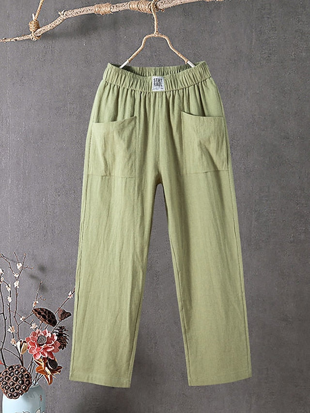 Women's Cotton Linen Pants Slacks Baggy Pants Cropped Pants Solid Classic Ankle-Length Mid Waist Pocket Baggy Elastic Drawstring Design Comfort Breathability Soft Micro-elastic Casual Dailywear Black
