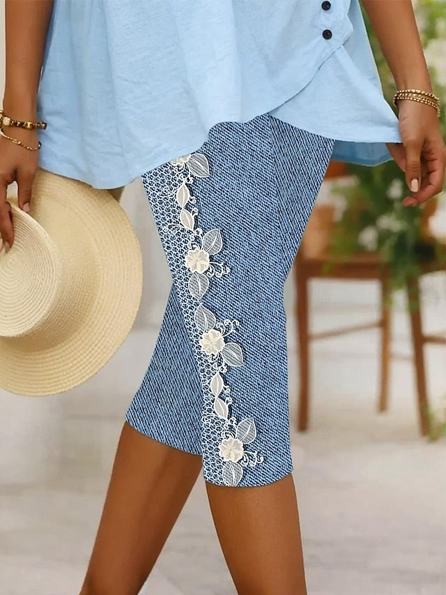 Women's Leggings Capri Pants High Elasticity Vacation Fashion Hawaiian Calf-Length Mid Waist Floral Graphic Printing Breathable Soft Vacation Casual Daily Light Blue Summer Spring Regular Fit