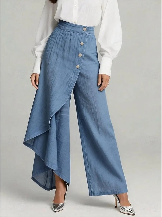 Women's Wide Leg Vacation Basic Full Length Mid Waist Inelastic Vacation Street Causal Blue Black Deep Blue Spring Loose Fit