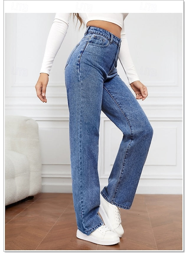 Women's Jeans Chinos Straight Vacation Vintage Streetwear Full Length Medium Waist Plain Pocket Elastic Waist Comfortable Inelastic Micro-elastic Daily Outdoor Street Navy Black Light Blue Fall Winter