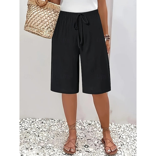Women's Shorts Summer Shorts Bermuda shorts Beach Shorts Vacation Fashion Casual Knee Length High Waist Plain Drawstring Pocket Comfort Lightweight Soft Micro-elastic Outdoor Beach Holiday Blue Army