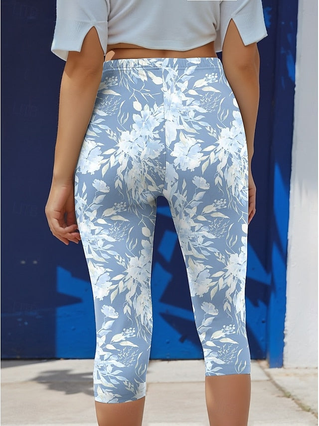 Women's Leggings Capri Pants High Elasticity Vacation Fashion Hawaiian Calf-Length Mid Waist Floral Graphic Printing Breathable Soft Vacation Casual Daily Light Blue Summer Spring Regular Fit