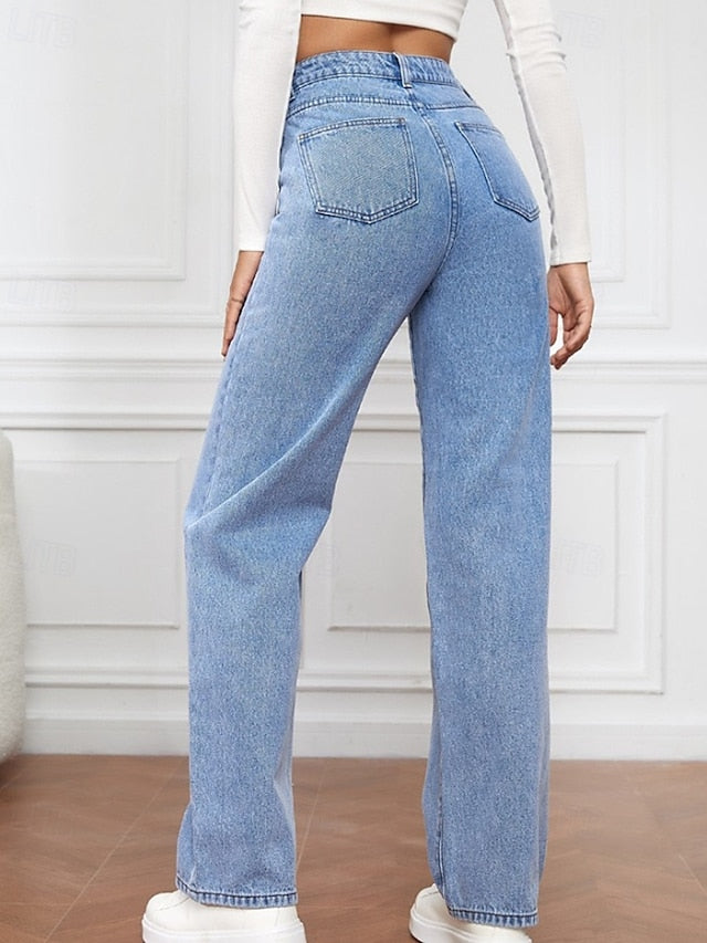 Women's Jeans Chinos Straight Vacation Vintage Streetwear Full Length Medium Waist Plain Pocket Elastic Waist Comfortable Inelastic Micro-elastic Daily Outdoor Street Navy Black Light Blue Fall Winter