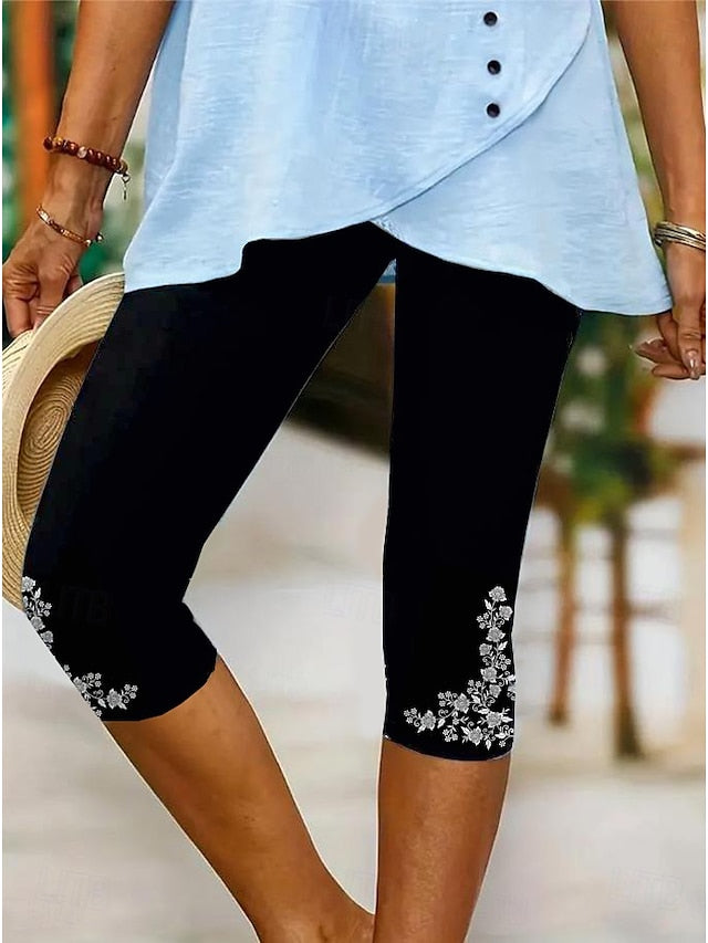 Women's Leggings Capri Pants High Elasticity Vacation Vintage Fashion Calf-Length Mid Waist Floral Graphic Printing Breathable Soft  Vacation Casual Daily Robin's Egg Blue Black Deep Blue Light Blue