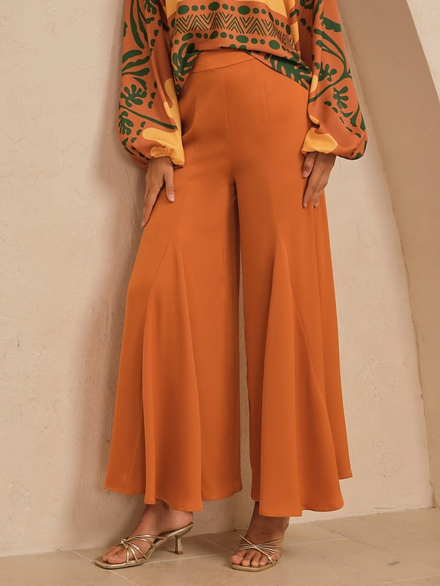 Women's Wide Leg Pants Khaki Satin Elastic Waist Pleated Hawaiian Vacation Casual Daily Spring Summer Autumn