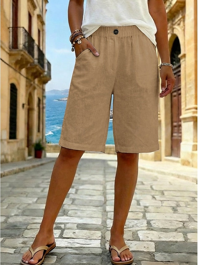 Women's Faux Cotton Linen Shorts Summer Shorts Bermuda shorts Casual Daily Short Mid Waist Plain Side Pockets Breathability Comfortable Inelastic Going out Weekend Black White Yellow Green Summer