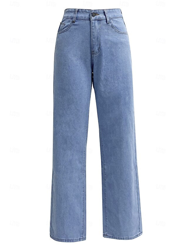Women's Jeans Chinos Straight Vacation Vintage Streetwear Full Length Medium Waist Plain Pocket Elastic Waist Comfortable Inelastic Micro-elastic Daily Outdoor Street Navy Black Light Blue Fall Winter
