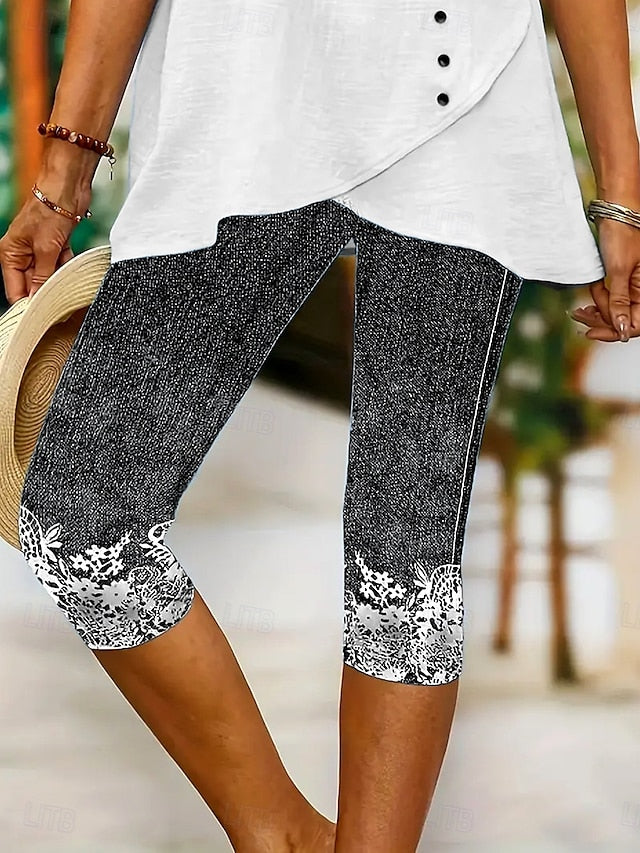 Women's Leggings Capri Pants High Elasticity Vacation Fashion Hawaiian Calf-Length Mid Waist Floral Graphic Printing Breathable Soft  Vacation Casual Daily Light Blue Summer Spring Regular Fit