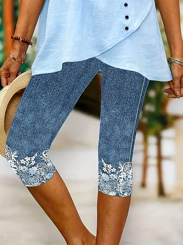 Women's Leggings Capri Pants High Elasticity Vacation Vintage Fashion Calf-Length Mid Waist Floral Graphic Printing Breathable Soft  Vacation Casual Daily Robin's Egg Blue Black Deep Blue Light Blue