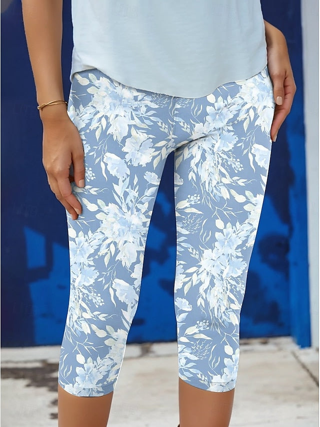 Women's Leggings Capri Pants High Elasticity Vacation Vintage Fashion Calf-Length Mid Waist Floral Graphic Printing Breathable Soft  Vacation Casual Daily Robin's Egg Blue Black Deep Blue Light Blue