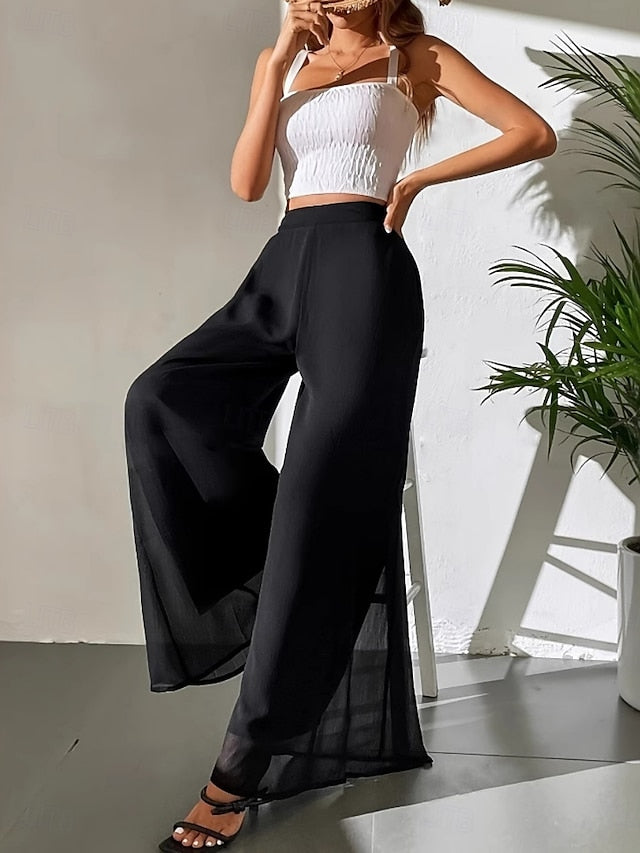 Women's Wide Leg Pants Trousers Vacation Streetwear Lightweight Full Length High Waist Plain Elastic Waist High Cut Breathability Comfortable Micro-elastic Outdoor Holiday Daily Wear Black White Pink