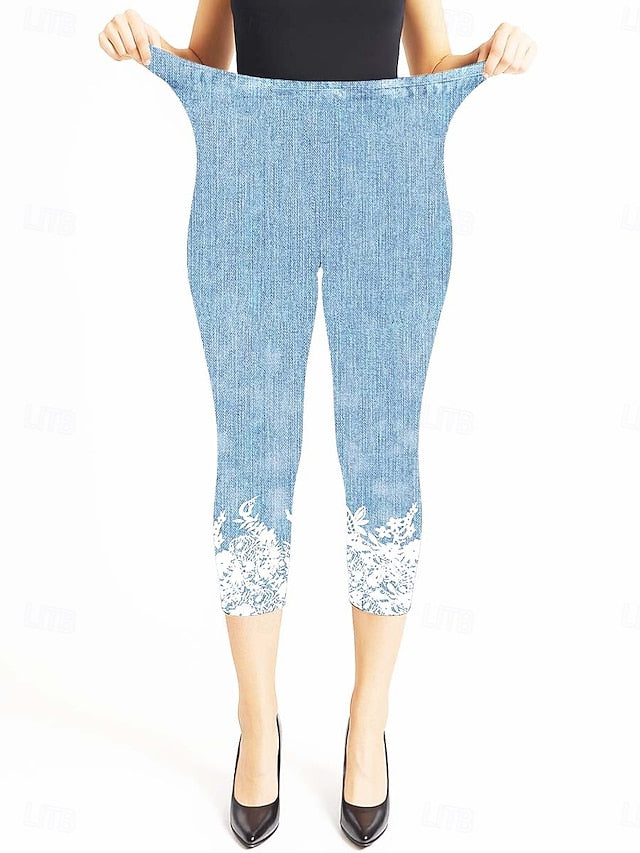 Women's Leggings Capri Pants High Elasticity Vacation Vintage Fashion Calf-Length Mid Waist Floral Graphic Printing Breathable Soft  Vacation Casual Daily Robin's Egg Blue Black Deep Blue Light Blue