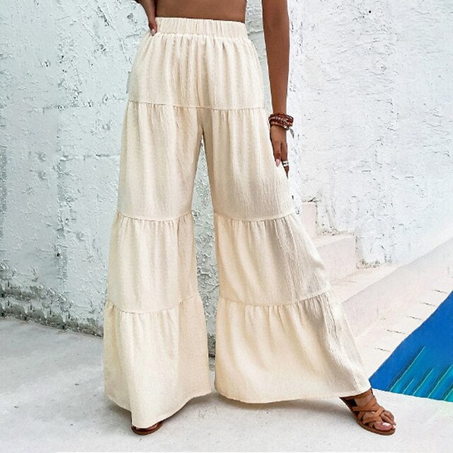 Women's Trousers Summer Pants Beach Pants Casual Pants Vacation Fashion Casual Daily Full Length High Waist Solid Color Plain Wide Leg Elastic Waistband Comfort Lightweight Soft Micro-elastic