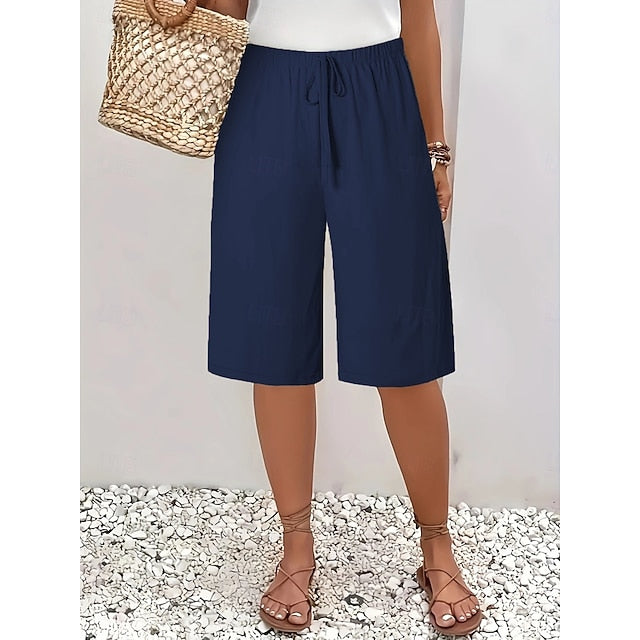 Women's Shorts Summer Shorts Bermuda shorts Beach Shorts Vacation Fashion Casual Knee Length High Waist Plain Drawstring Pocket Comfort Lightweight Soft Micro-elastic Outdoor Beach Holiday Blue Army
