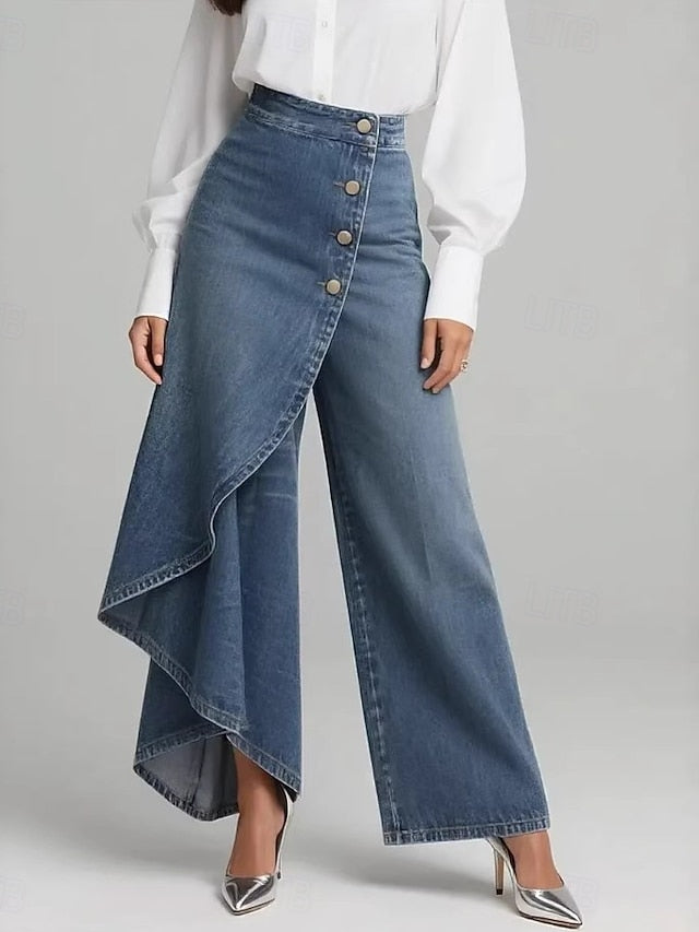 Women's Wide Leg Vacation Basic Full Length Mid Waist Inelastic Vacation Street Causal Blue Black Deep Blue Spring Loose Fit