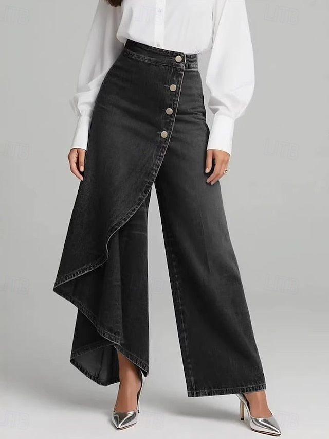 Women's Wide Leg Vacation Basic Full Length Mid Waist Inelastic Vacation Street Causal Blue Black Deep Blue Spring Loose Fit