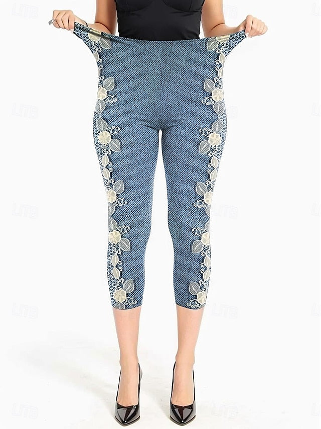 Women's Leggings Capri Pants High Elasticity Vacation Fashion Hawaiian Calf-Length Mid Waist Floral Graphic Printing Breathable Soft  Vacation Casual Daily Light Blue Summer Spring Regular Fit