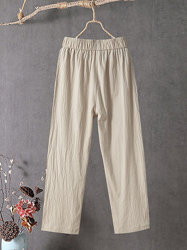 Women's Cotton Linen Pants Slacks Baggy Pants Cropped Pants Solid Classic Ankle-Length Mid Waist Pocket Baggy Elastic Drawstring Design Comfort Breathability Soft Micro-elastic Casual Dailywear Black
