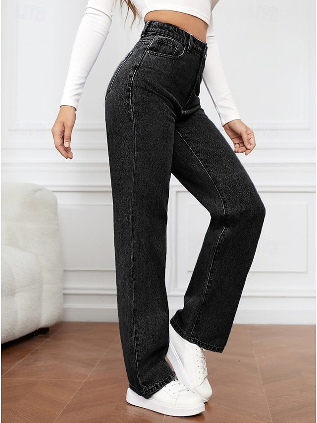 Women's Jeans Chinos Straight Vacation Vintage Streetwear Full Length Medium Waist Plain Pocket Elastic Waist Comfortable Inelastic Micro-elastic Daily Outdoor Street Navy Black Light Blue Fall Winter
