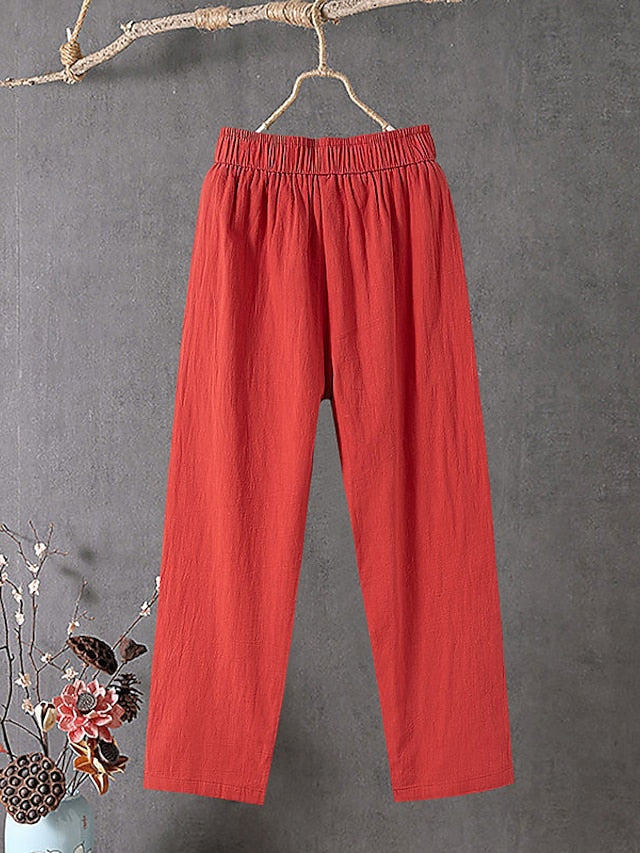 Women's Cotton Linen Pants Slacks Baggy Pants Cropped Pants Solid Classic Ankle-Length Mid Waist Pocket Baggy Elastic Drawstring Design Comfort Breathability Soft Micro-elastic Casual Dailywear Black