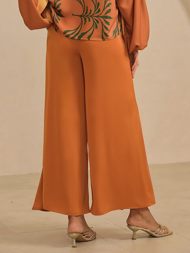 Women's Wide Leg Pants Khaki Satin Elastic Waist Pleated Hawaiian Vacation Casual Daily Spring Summer Autumn