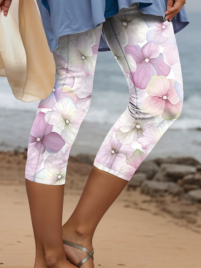 Women's Leggings Capri Pants High Elasticity Vacation Fashion Hawaiian Calf-Length Mid Waist Floral Graphic Printing Breathable Soft  Vacation Casual Daily Light Blue Summer Spring Regular Fit