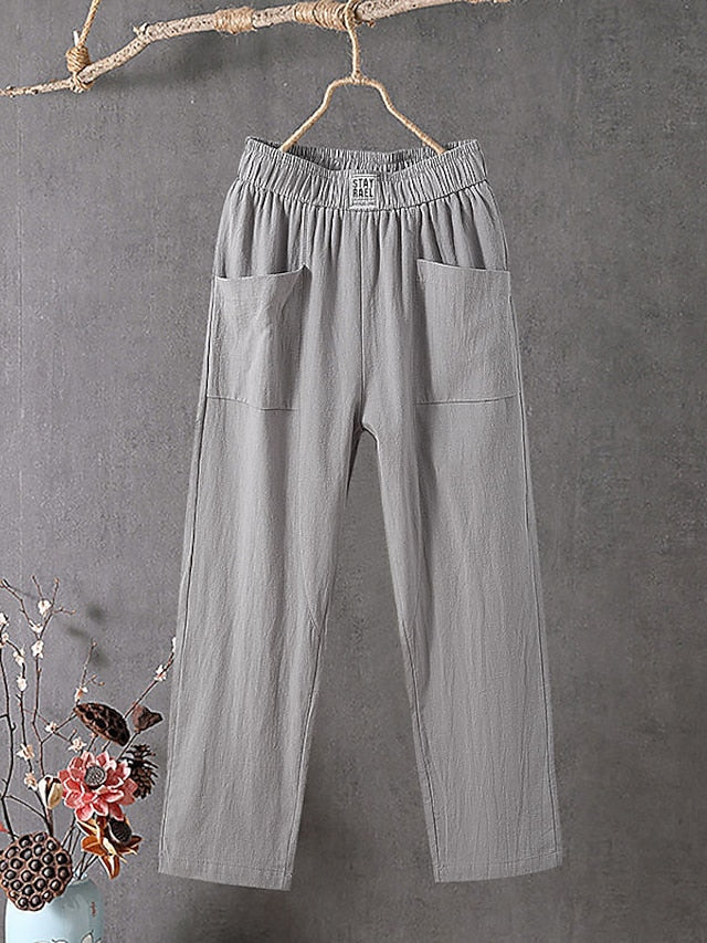 Women's Cotton Linen Pants Slacks Baggy Pants Cropped Pants Solid Classic Ankle-Length Mid Waist Pocket Baggy Elastic Drawstring Design Comfort Breathability Soft Micro-elastic Casual Dailywear Black