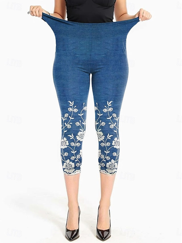Women's Leggings Capri Pants High Elasticity Vacation Vintage Fashion Calf-Length Mid Waist Floral Graphic Printing Breathable Soft  Vacation Casual Daily Robin's Egg Blue Black Deep Blue Light Blue