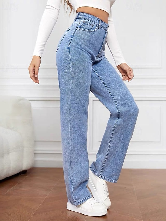 Women's Jeans Chinos Straight Vacation Vintage Streetwear Full Length Medium Waist Plain Pocket Elastic Waist Comfortable Inelastic Micro-elastic Daily Outdoor Street Navy Black Light Blue Fall Winter